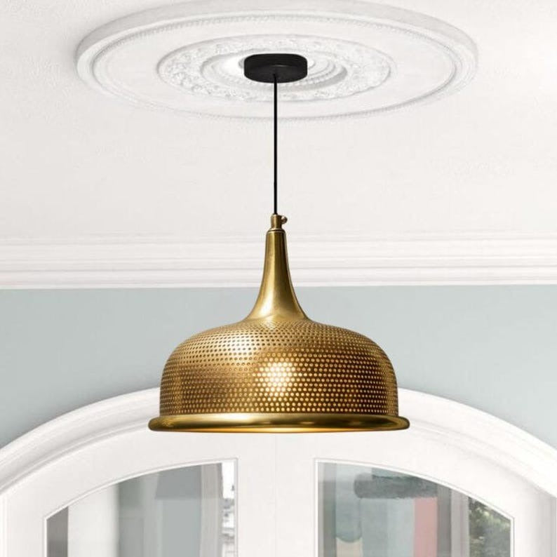 Handmade Perforated Brass Pendant Light – Moroccan Gold Dome Pendant Lamp with Tall Neck for Kitchen Island, Dining Room & Boho Home Décor