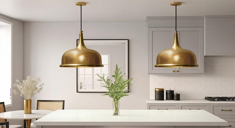 Handmade Perforated Brass Pendant Light – Moroccan Gold Dome Pendant Lamp with Tall Neck for Kitchen Island, Dining Room & Boho Home Décor