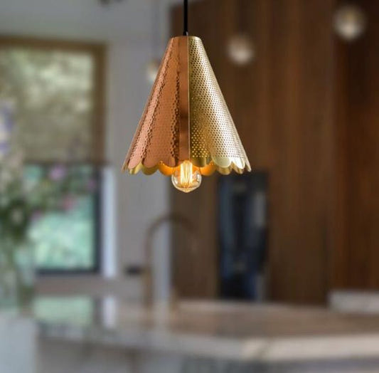 Handmade Two Tone Brass Pendant Light – Moroccan Gold & Copper Cone Hanging Lamp with Scalloped Edge for Kitchen Island, Dining Room & Boho Home Décor