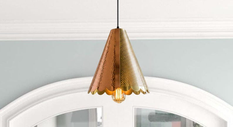 Handmade Two Tone Brass Pendant Light – Moroccan Gold & Copper Cone Hanging Lamp with Scalloped Edge for Kitchen Island, Dining Room & Boho Home Décor