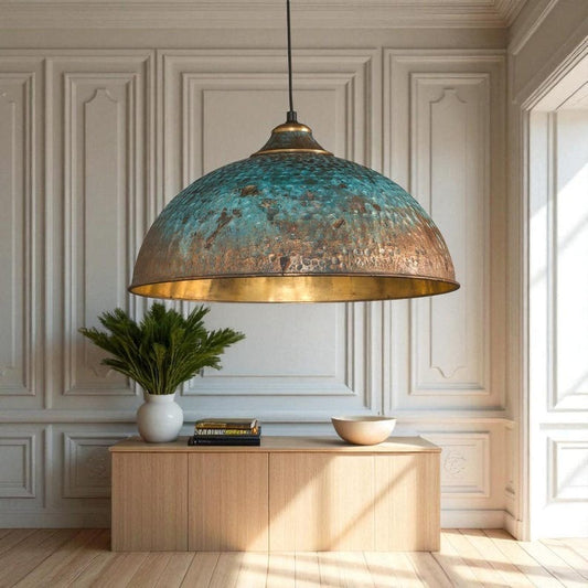 Handmade Hammered Brass Pendant Light with Blue Patina – Moroccan Large Dome Hanging Lamp for Kitchen Island, Dining Room, Living Room & Boho Home Decor