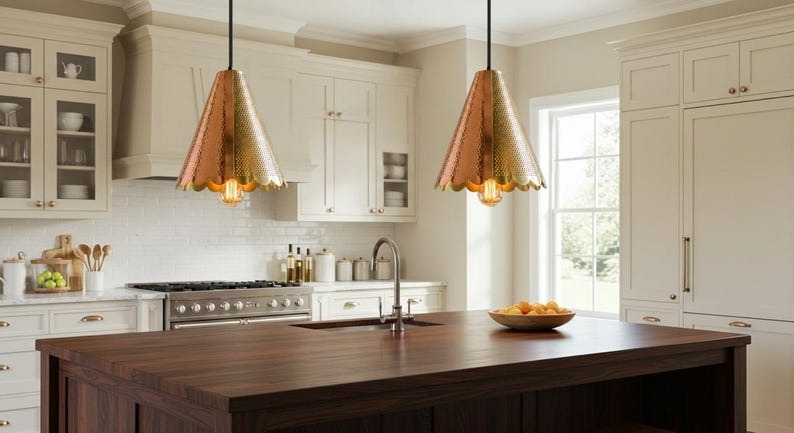 Handmade Two Tone Brass Pendant Light – Moroccan Gold & Copper Cone Hanging Lamp with Scalloped Edge for Kitchen Island, Dining Room & Boho Home Décor
