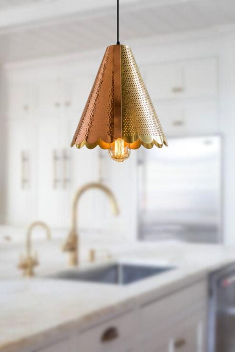 Handmade Two Tone Brass Pendant Light – Moroccan Gold & Copper Cone Hanging Lamp with Scalloped Edge for Kitchen Island, Dining Room & Boho Home Décor
