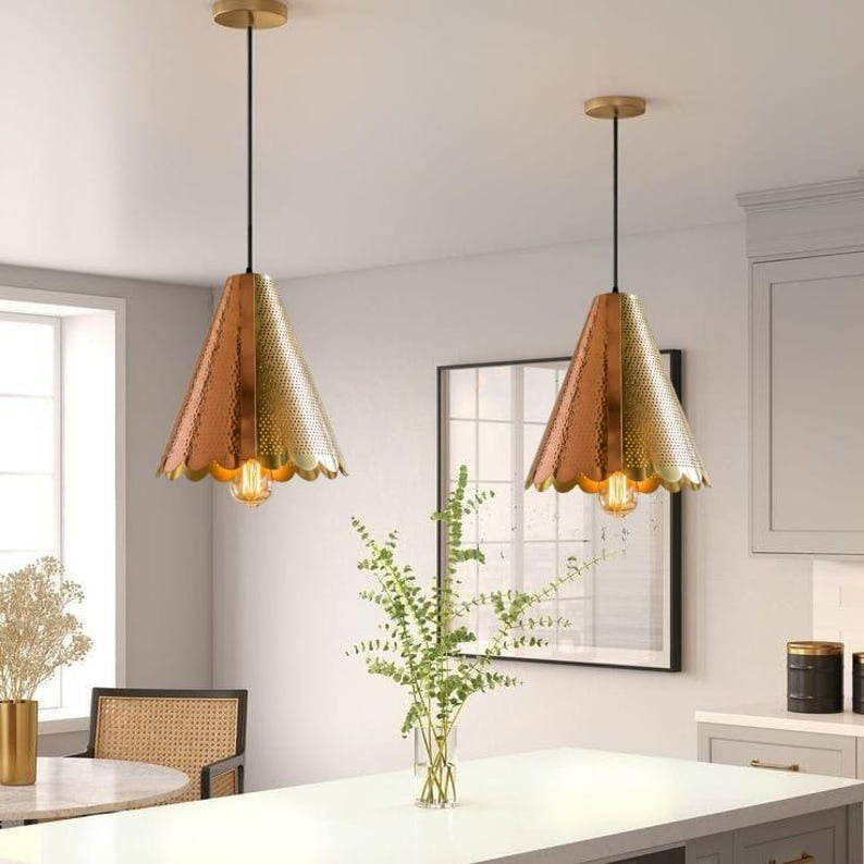 Handmade Two Tone Brass Pendant Light – Moroccan Gold & Copper Cone Hanging Lamp with Scalloped Edge for Kitchen Island, Dining Room & Boho Home Décor