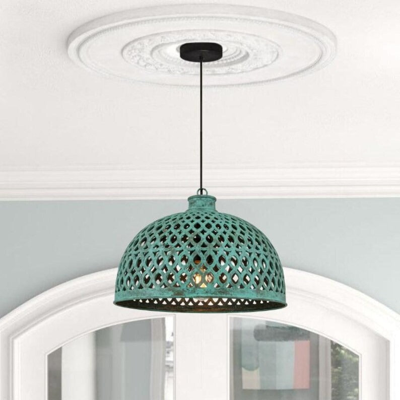 Handmade Green Patina Brass Pendant Light – Moroccan Openwork Dome Hanging Lamp with Lattice Cutout Pattern for Kitchen Island, Dining Room & Boho Home Décor