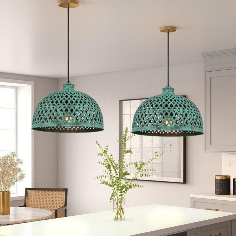Handmade Green Patina Brass Pendant Light – Moroccan Openwork Dome Hanging Lamp with Lattice Cutout Pattern for Kitchen Island, Dining Room & Boho Home Décor