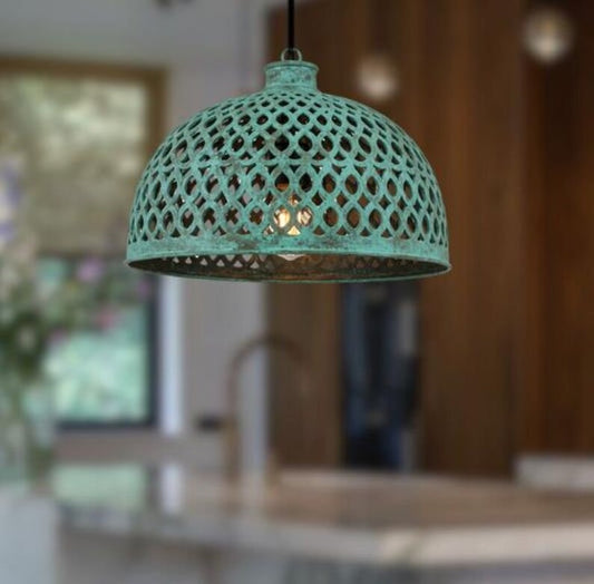 Handmade Green Patina Brass Pendant Light – Moroccan Openwork Dome Hanging Lamp with Lattice Cutout Pattern for Kitchen Island, Dining Room & Boho Home Décor
