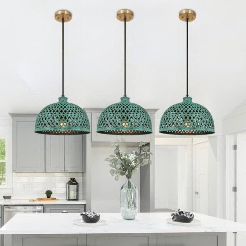 Handmade Green Patina Brass Pendant Light – Moroccan Openwork Dome Hanging Lamp with Lattice Cutout Pattern for Kitchen Island, Dining Room & Boho Home Décor
