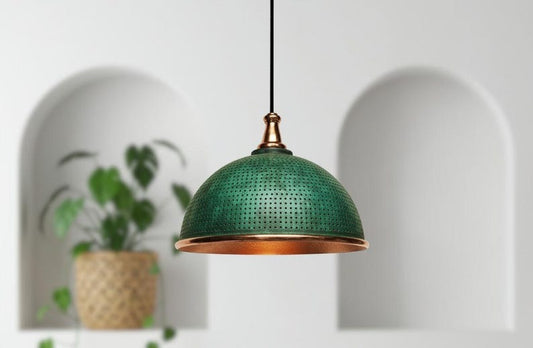 Handmade Moroccan Brass Dome Pendant Light – Perforated Green Verdigris Brass Hanging Lamp with Copper Trim, Boho Mediterranean Ceiling Light for Kitchen Island, Dining Room, Bedroom & Entryway