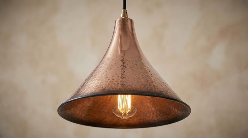 Set of 3 Handmade Moroccan Brass Pendant Lights – Hammered Copper Finish Cone Ceiling Lamps, Rustic Kitchen Island & Dining Room Lighting