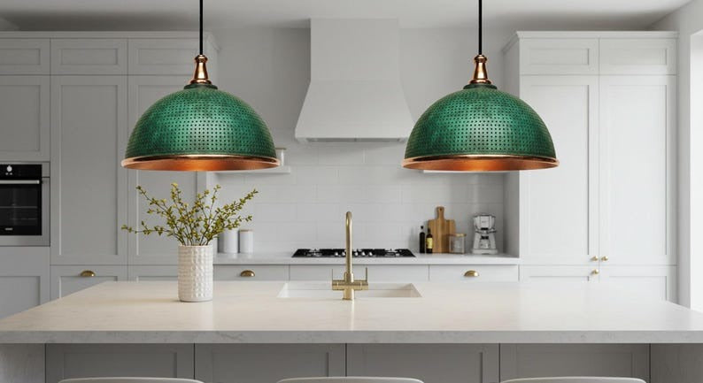 Handmade Moroccan Brass Dome Pendant Light – Perforated Green Verdigris Brass Hanging Lamp with Copper Trim, Boho Mediterranean Ceiling Light for Kitchen Island, Dining Room, Bedroom & Entryway