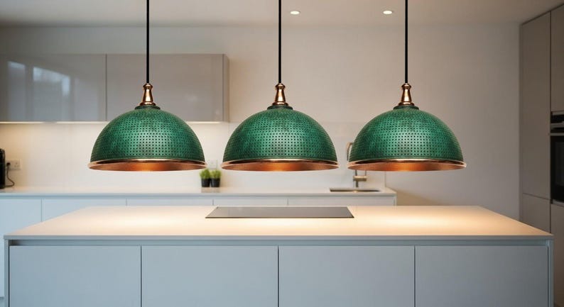 Handmade Moroccan Brass Dome Pendant Light – Perforated Green Verdigris Brass Hanging Lamp with Copper Trim, Boho Mediterranean Ceiling Light for Kitchen Island, Dining Room, Bedroom & Entryway