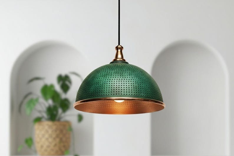 Handmade Moroccan Brass Dome Pendant Light – Perforated Green Verdigris Brass Hanging Lamp with Copper Trim, Boho Mediterranean Ceiling Light for Kitchen Island, Dining Room, Bedroom & Entryway
