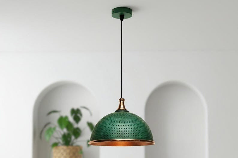 Handmade Moroccan Brass Dome Pendant Light – Perforated Green Verdigris Brass Hanging Lamp with Copper Trim, Boho Mediterranean Ceiling Light for Kitchen Island, Dining Room, Bedroom & Entryway