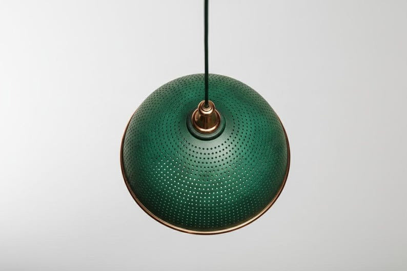 Handmade Moroccan Brass Dome Pendant Light – Perforated Green Verdigris Brass Hanging Lamp with Copper Trim, Boho Mediterranean Ceiling Light for Kitchen Island, Dining Room, Bedroom & Entryway
