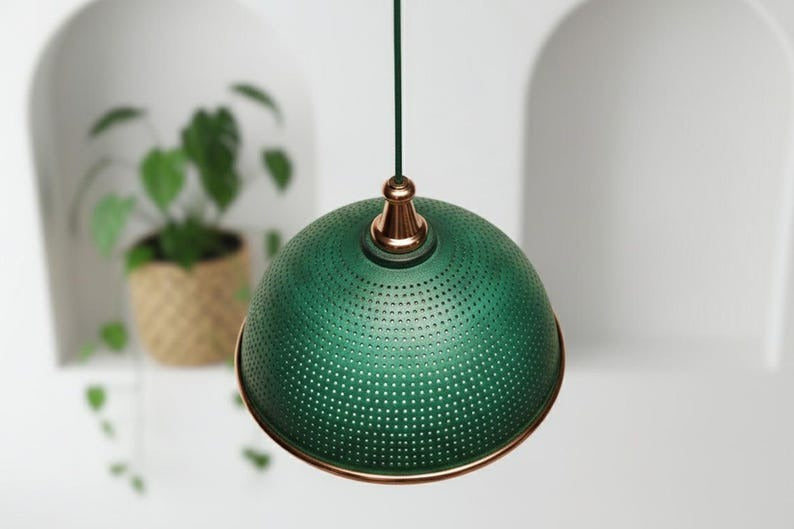 Handmade Moroccan Brass Dome Pendant Light – Perforated Green Verdigris Brass Hanging Lamp with Copper Trim, Boho Mediterranean Ceiling Light for Kitchen Island, Dining Room, Bedroom & Entryway