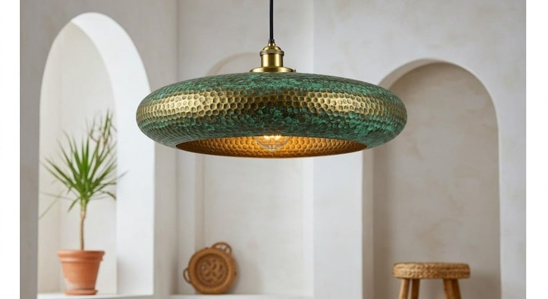 Handmade Moroccan Brass Disc Pendant Light – Hammered Green Verdigris Hanging Lamp with Antique Gold Band and Warm Brass Interior for Dining Room, Kitchen Island & Living Room