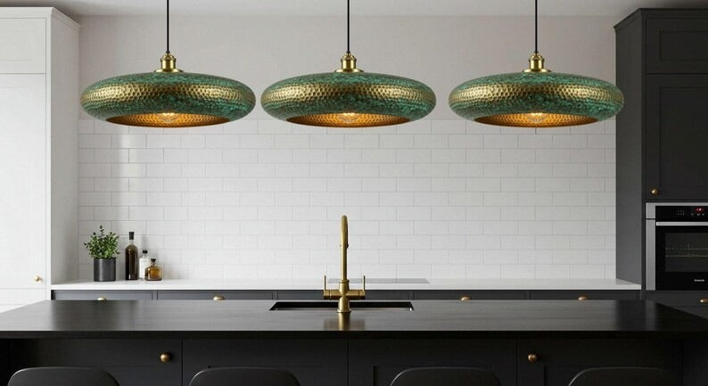 Handmade Moroccan Brass Disc Pendant Light – Hammered Green Verdigris Hanging Lamp with Antique Gold Band and Warm Brass Interior for Dining Room, Kitchen Island & Living Room
