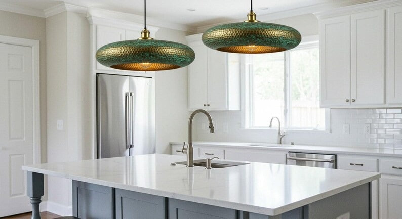 Handmade Moroccan Brass Disc Pendant Light – Hammered Green Verdigris Hanging Lamp with Antique Gold Band and Warm Brass Interior for Dining Room, Kitchen Island & Living Room