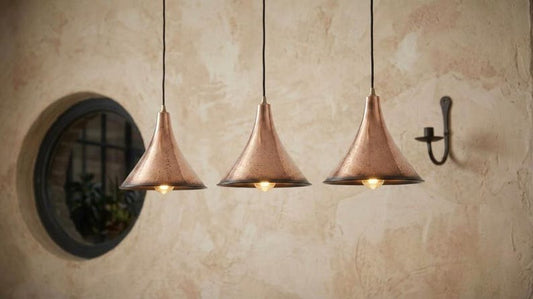 Set of 3 Handmade Moroccan Brass Pendant Lights – Hammered Copper Finish Cone Ceiling Lamps, Rustic Kitchen Island & Dining Room Lighting