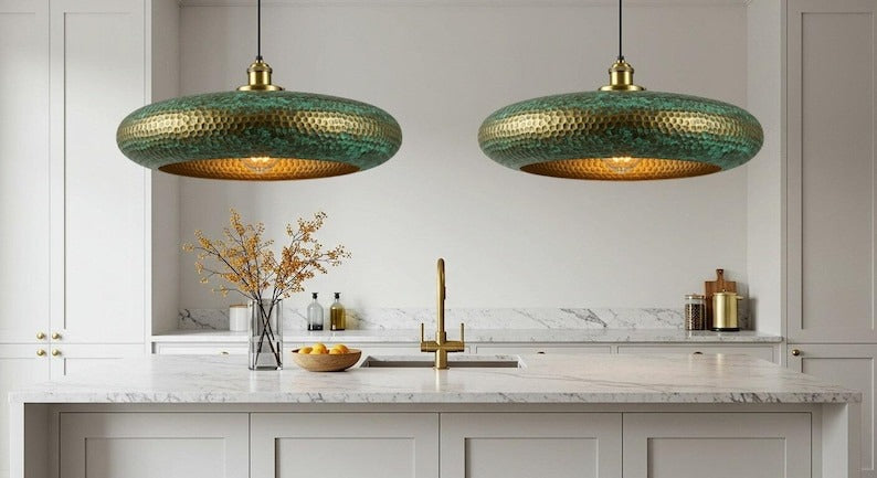 Handmade Moroccan Brass Disc Pendant Light – Hammered Green Verdigris Hanging Lamp with Antique Gold Band and Warm Brass Interior for Dining Room, Kitchen Island & Living Room