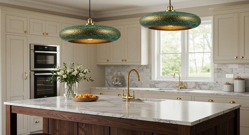 Handmade Moroccan Brass Disc Pendant Light – Hammered Green Verdigris Hanging Lamp with Antique Gold Band and Warm Brass Interior for Dining Room, Kitchen Island & Living Room