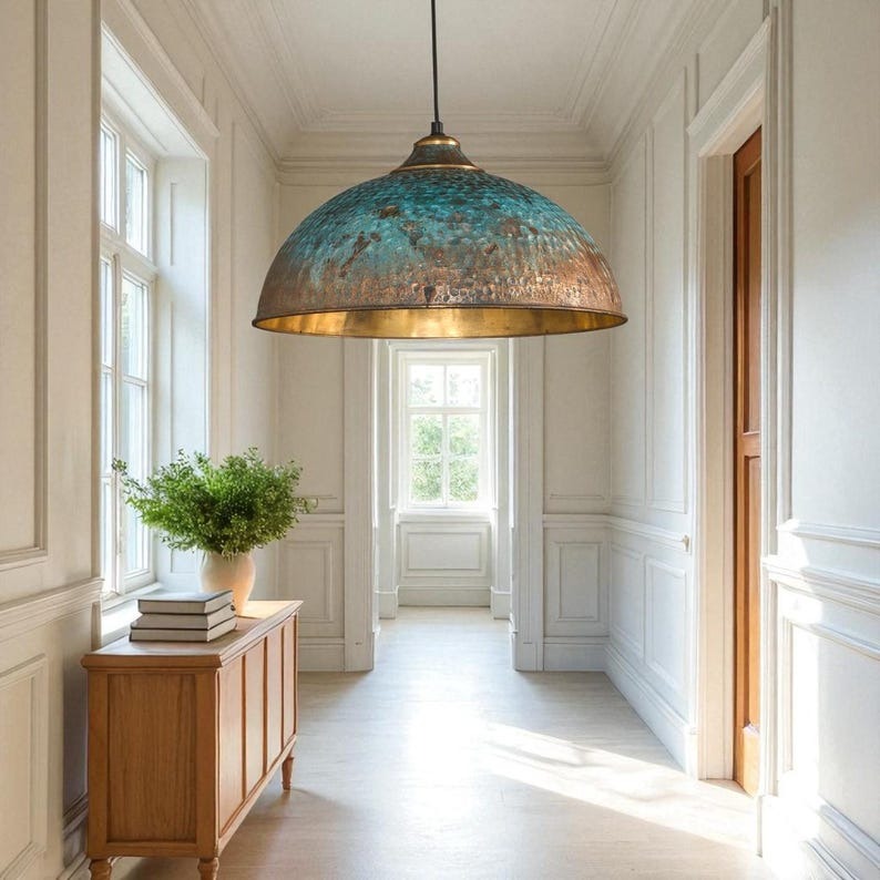 Handmade Hammered Brass Pendant Light with Blue Patina – Moroccan Large Dome Hanging Lamp for Kitchen Island, Dining Room, Living Room & Boho Home Decor