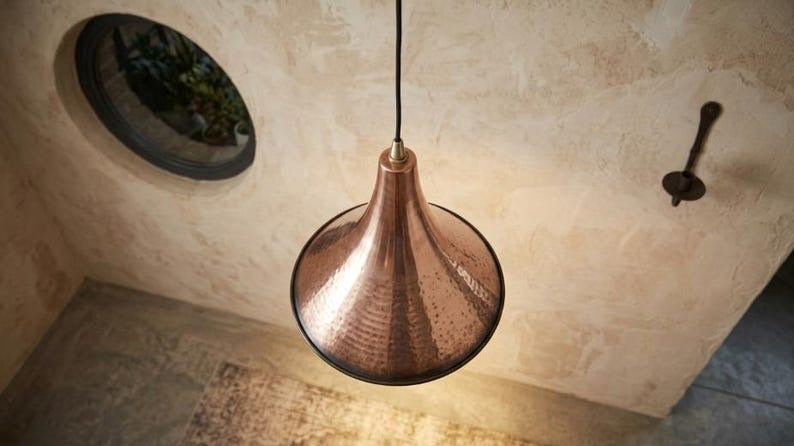 Set of 3 Handmade Moroccan Brass Pendant Lights – Hammered Copper Finish Cone Ceiling Lamps, Rustic Kitchen Island & Dining Room Lighting