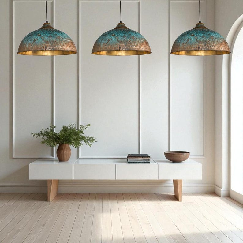 Handmade Hammered Brass Pendant Light with Blue Patina – Moroccan Large Dome Hanging Lamp for Kitchen Island, Dining Room, Living Room & Boho Home Decor