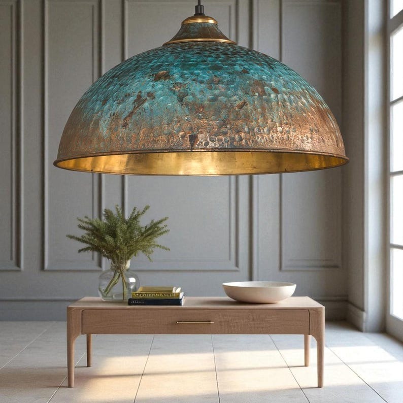 Handmade Hammered Brass Pendant Light with Blue Patina – Moroccan Large Dome Hanging Lamp for Kitchen Island, Dining Room, Living Room & Boho Home Decor