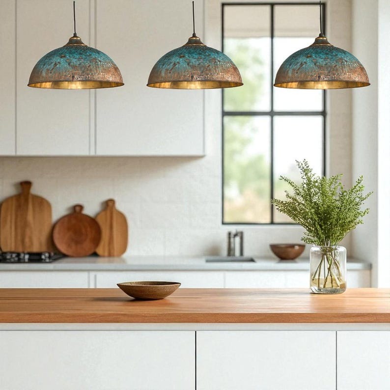 Handmade Hammered Brass Pendant Light with Blue Patina – Moroccan Large Dome Hanging Lamp for Kitchen Island, Dining Room, Living Room & Boho Home Decor