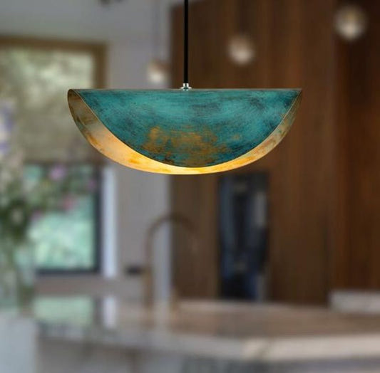 Handmade Half Moon Brass Pendant Light – Blue Green Patina Moroccan Bowl Pendant Lamp for Kitchen Island, Dining Room & Boho Home Décor