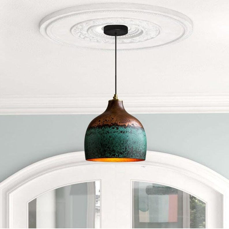 Handmade Green Patina Brass Pendant Light – Moroccan Two Tone Dome Hanging Lamp with Copper Top for Kitchen Island, Dining Room & Boho Home Décor