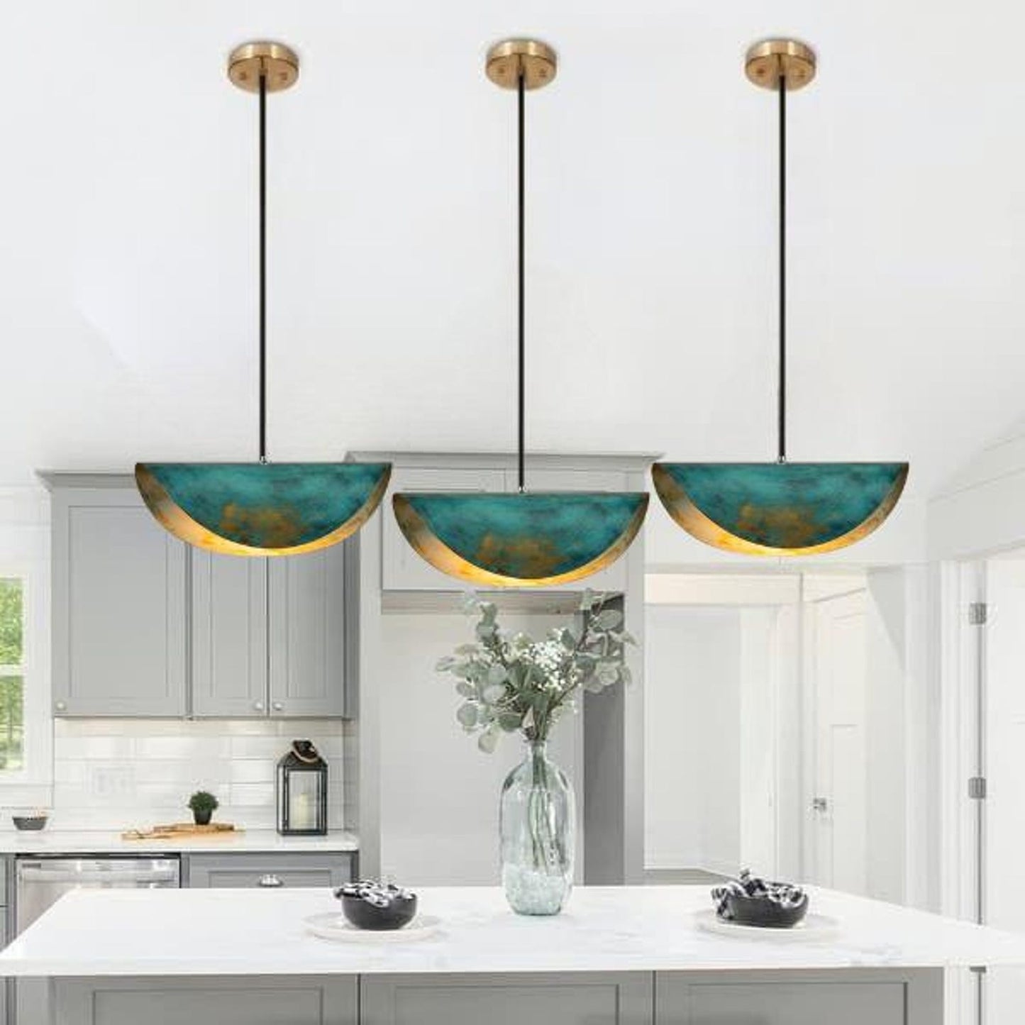 Handmade Half Moon Brass Pendant Light – Blue Green Patina Moroccan Bowl Pendant Lamp for Kitchen Island, Dining Room & Boho Home Décor