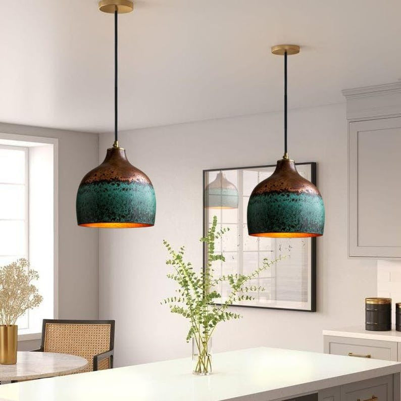 Handmade Green Patina Brass Pendant Light – Moroccan Two Tone Dome Hanging Lamp with Copper Top for Kitchen Island, Dining Room & Boho Home Décor