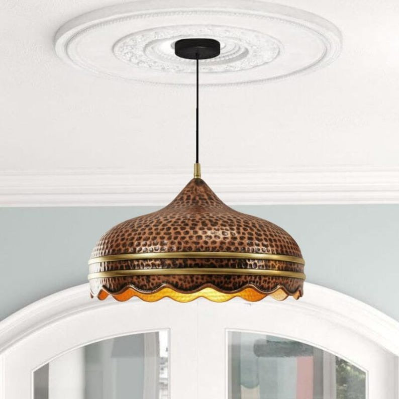 Handmade Hammered Brass Pendant Light – Copper Moroccan Ceiling Lamp, Scalloped Dome Kitchen Island Pendant, Rustic Dining Room Light Fixture