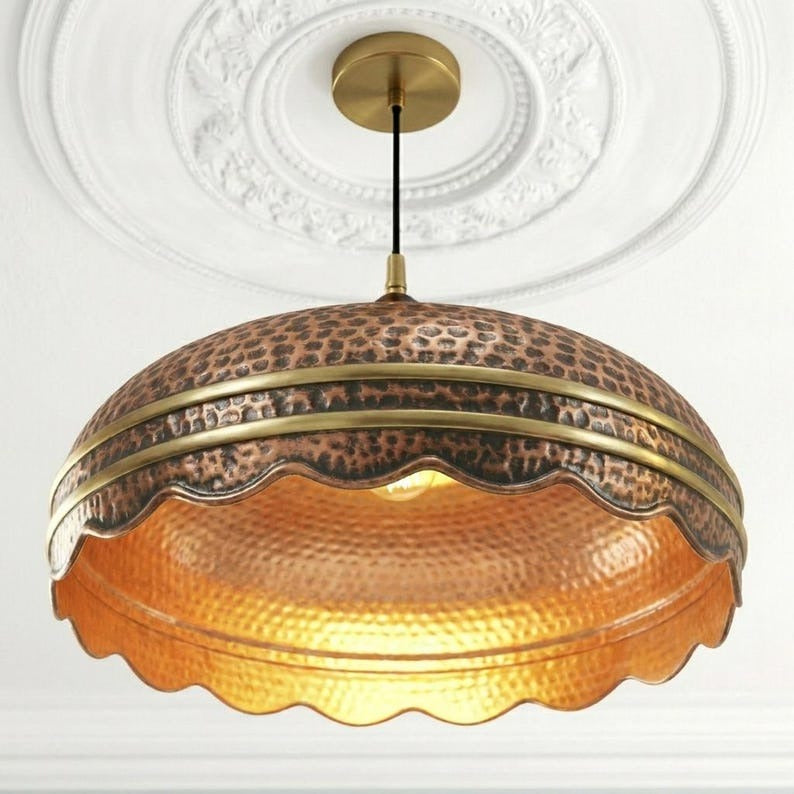 Handmade Hammered Brass Pendant Light – Copper Moroccan Ceiling Lamp, Scalloped Dome Kitchen Island Pendant, Rustic Dining Room Light Fixture