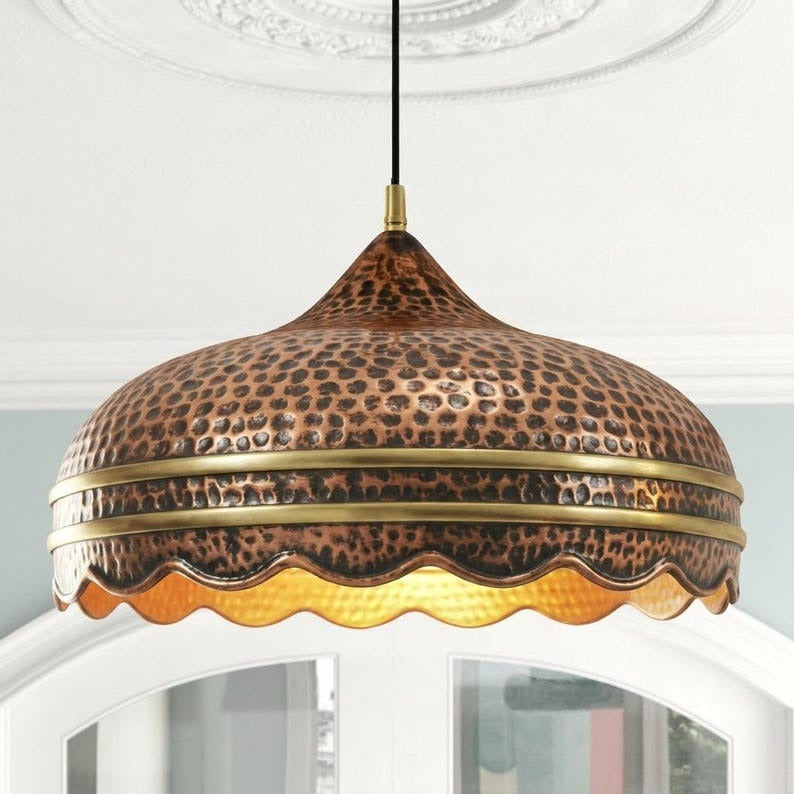 Handmade Hammered Brass Pendant Light – Copper Moroccan Ceiling Lamp, Scalloped Dome Kitchen Island Pendant, Rustic Dining Room Light Fixture