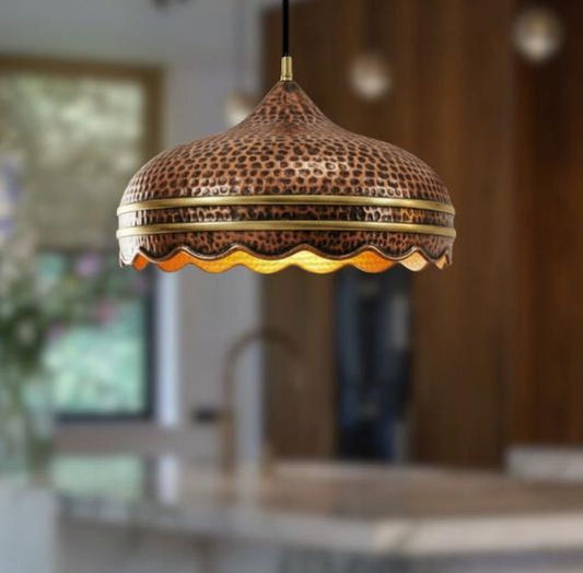 Handmade Hammered Brass Pendant Light – Copper Moroccan Ceiling Lamp, Scalloped Dome Kitchen Island Pendant, Rustic Dining Room Light Fixture