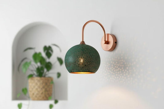 Handmade Moroccan Brass Wall Sconce – Perforated Green Verdigris Globe Wall Light with Copper Brass Arm, Boho Mediterranean Bedside Lamp for Bedroom, Hallway, Bathroom & Entryway