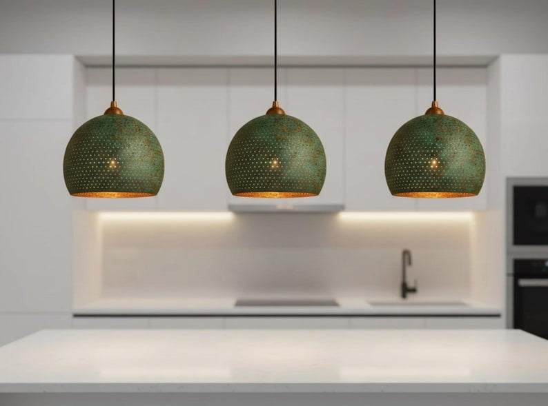 Handmade Green Patina Brass Pendant Light – Moroccan Wide Dome Hanging Lamp for Kitchen Island, Dining Room, Living Room & Boho Home Decor
