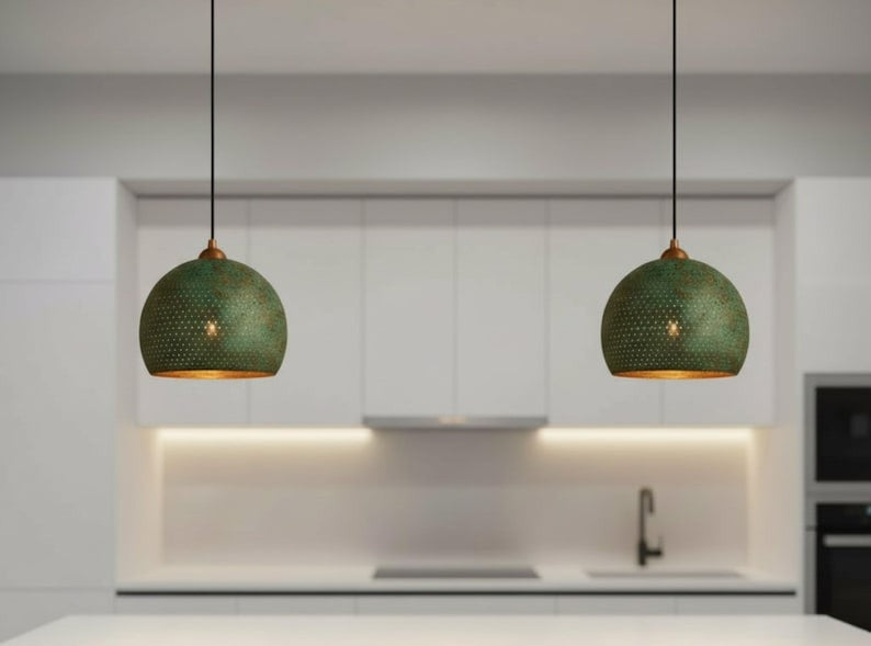 Handmade Green Patina Brass Pendant Light – Moroccan Wide Dome Hanging Lamp for Kitchen Island, Dining Room, Living Room & Boho Home Decor
