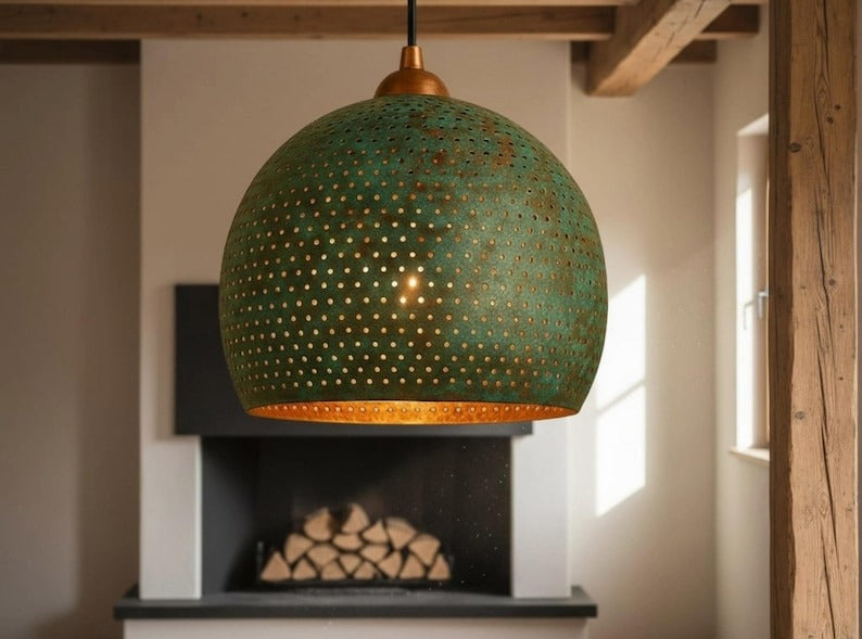Handmade Green Patina Brass Pendant Light – Moroccan Wide Dome Hanging Lamp for Kitchen Island, Dining Room, Living Room & Boho Home Decor