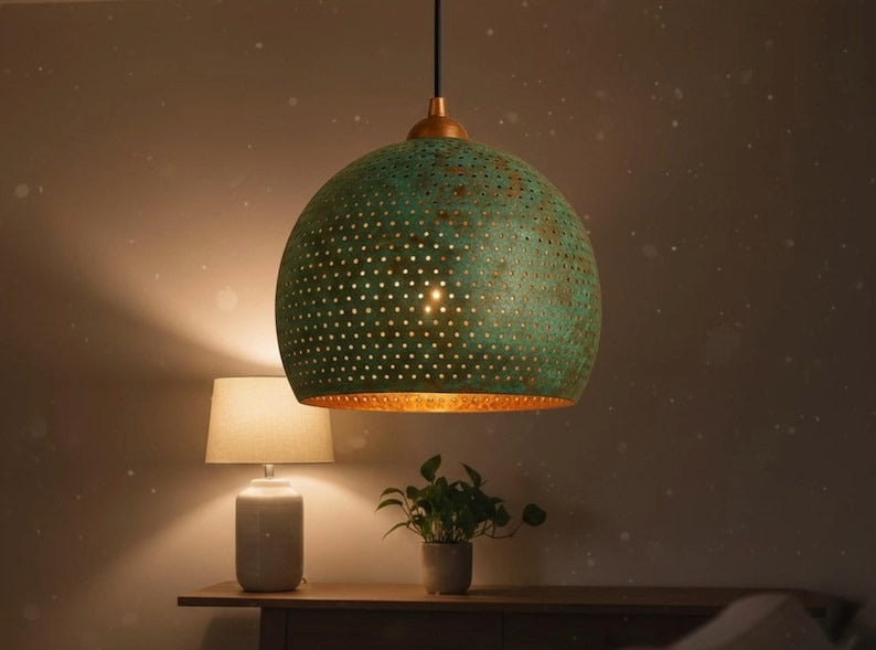 Handmade Green Patina Brass Pendant Light – Moroccan Wide Dome Hanging Lamp for Kitchen Island, Dining Room, Living Room & Boho Home Decor