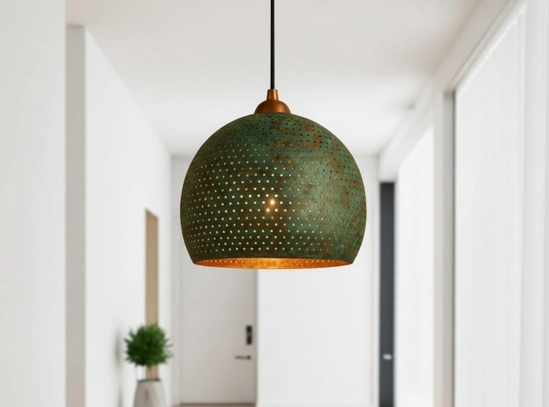 Handmade Green Patina Brass Pendant Light – Moroccan Wide Dome Hanging Lamp for Kitchen Island, Dining Room, Living Room & Boho Home Decor