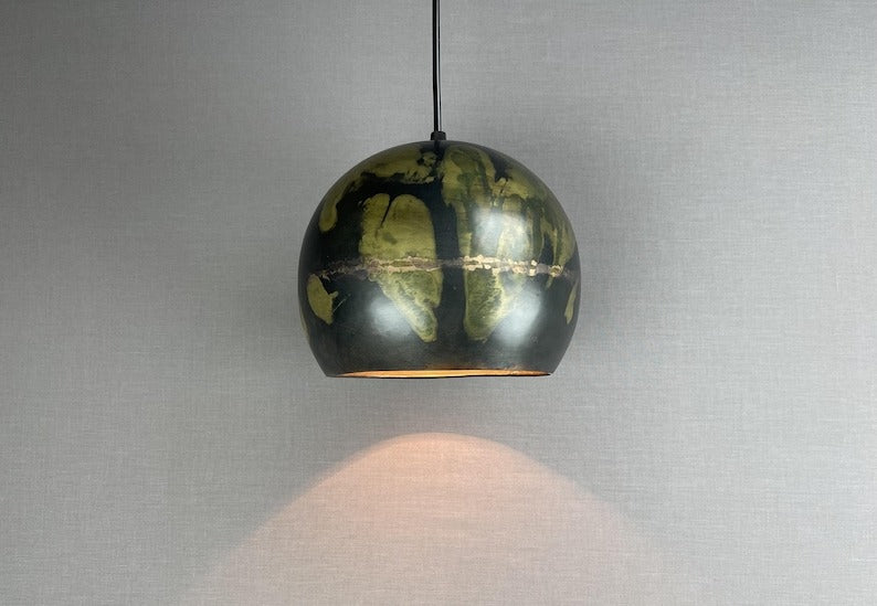 Handmade Moroccan Brass Pendant Light – Black Dome Ceiling Lamp with Antique Gold Patina, Artistic Aged Finish & Warm Downlight