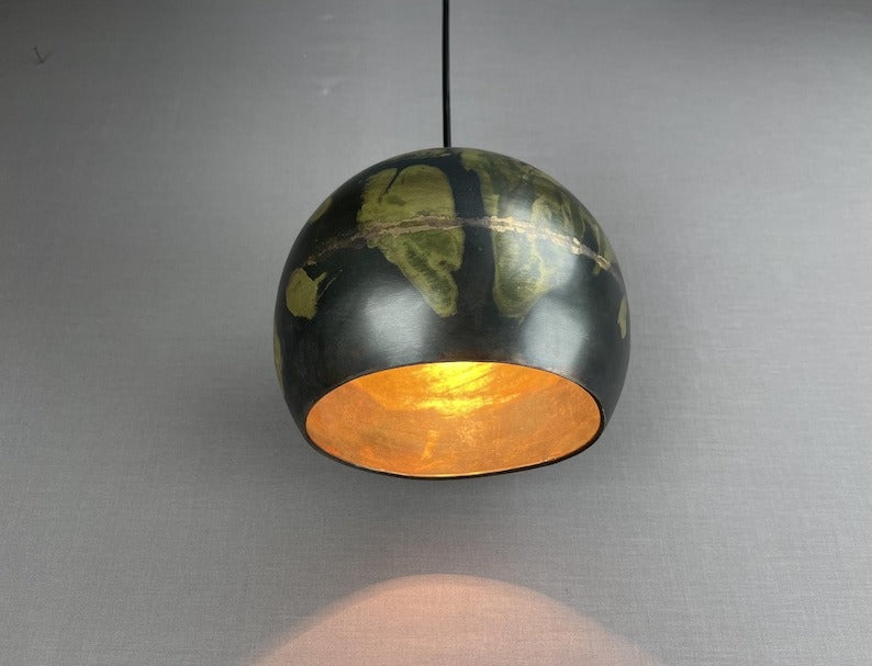 Handmade Moroccan Brass Pendant Light – Black Dome Ceiling Lamp with Antique Gold Patina, Artistic Aged Finish & Warm Downlight