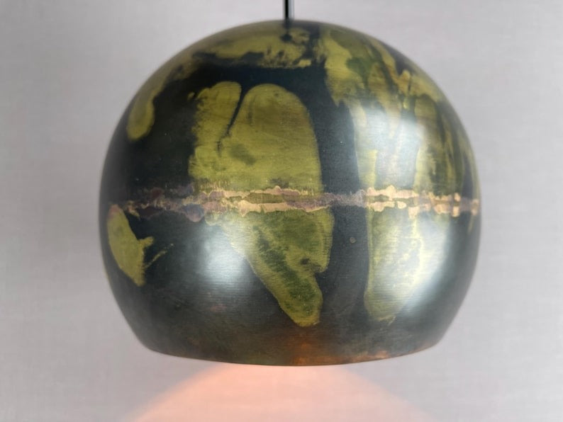 Handmade Moroccan Brass Pendant Light – Black Dome Ceiling Lamp with Antique Gold Patina, Artistic Aged Finish & Warm Downlight