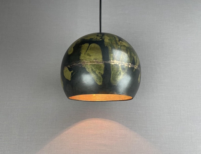Handmade Moroccan Brass Pendant Light – Black Dome Ceiling Lamp with Antique Gold Patina, Artistic Aged Finish & Warm Downlight