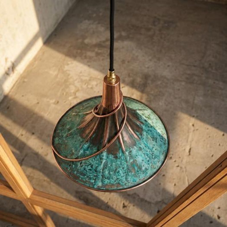 Handmade Moroccan Brass Cone Pendant Light – Turquoise Verdigris Hanging Lamp with Sculptural Copper Spiral and Warm Brass Interior for Kitchen Island, Dining Room & Living Room
